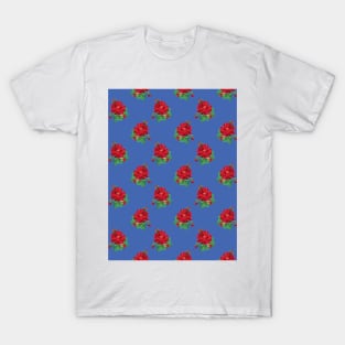 Red vintage roses on royal blue T-Shirt